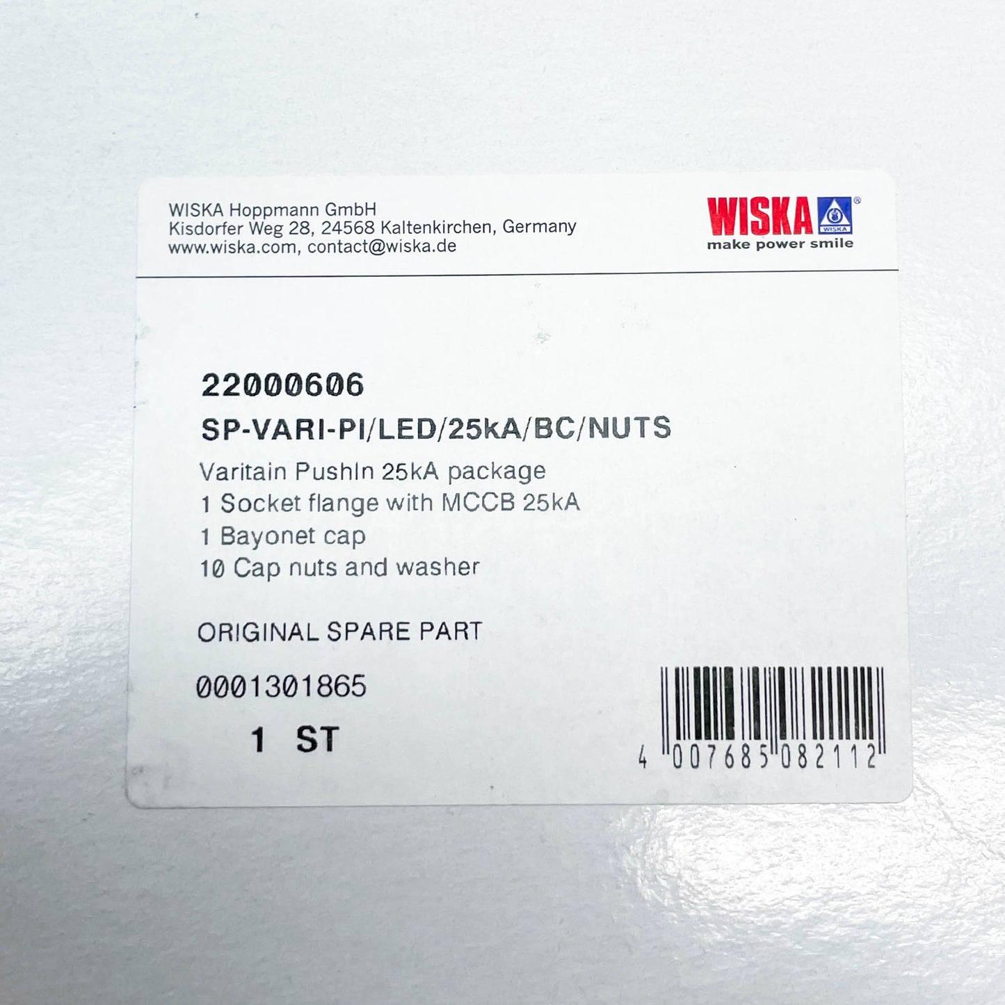 WISKA, SP-VARI-PI/LED/25kA/BC/NUTS, Varitain Pushin 25kA, MCCB 25kA, 1 Sockelflansch, Bajonettkappe, 10 Hutmuttern, Unterlegscheibe, Ersatzteil.