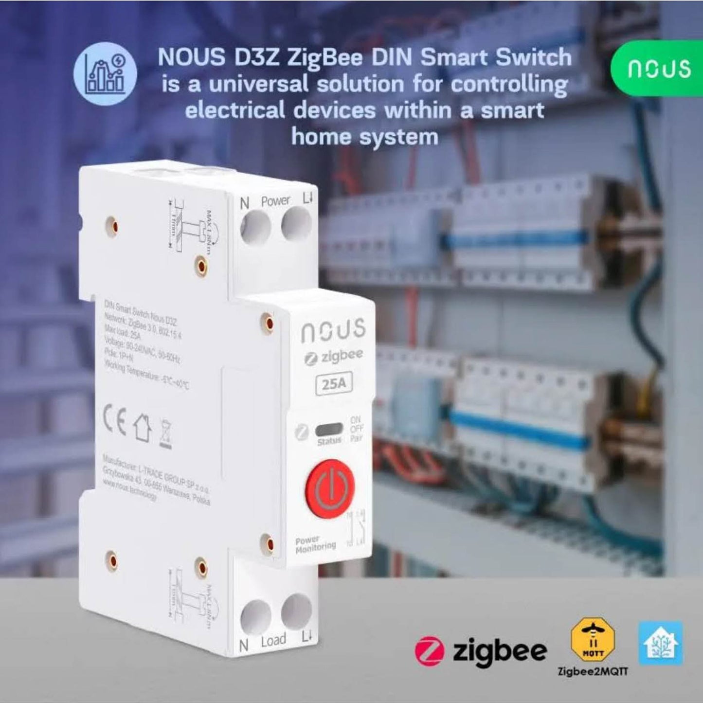NOUS Zigbee DIN-Schienen-Modul 25A, Verbrauchsmessung, smartes Energiemanagement, einfache Integration in Smart Home.