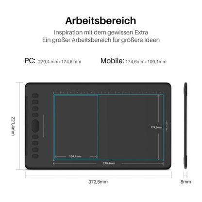 HUION Inspiroy H1161 Grafiktablett, 8192 Druckempfindlichkeit, große aktive Fläche von 10 x 6,25 Zoll, kabelloses Design, mit 8 programmierbaren Schnellzugriffstasten, ideal für digitales Zeichnen und Design.
