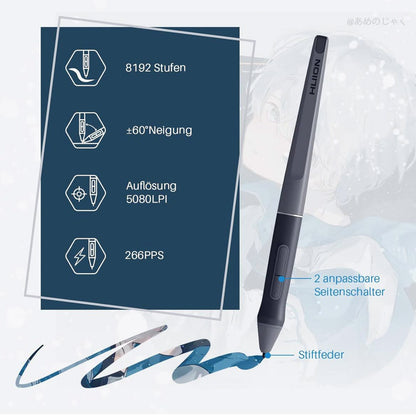 HUION HS611 Grafiktablett 10,2x6,36 Zoll ideal für digitale Kunst - 8 Multimedia-Tasten, 10 Express-Tasten, Touch Strip, kompatibel mit Win, Mac, Android, Grau