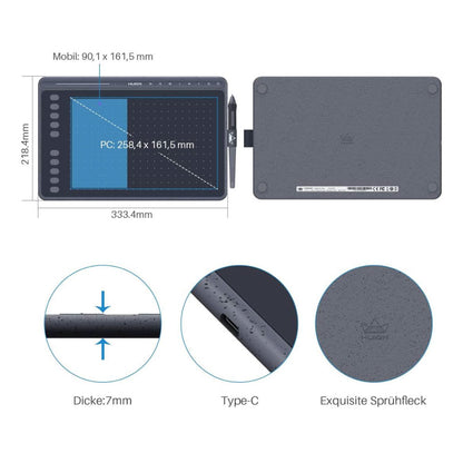 HUION HS611 Grafiktablett 10,2x6,36 Zoll ideal für digitale Kunst - 8 Multimedia-Tasten, 10 Express-Tasten, Touch Strip, kompatibel mit Win, Mac, Android, Grau
