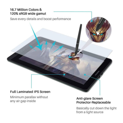 HUION Kamvas 13 13-Zoll Grafiktablet 293,76 x 165,24 mm USB schwarz mit druckempfindlichem Stift, 8 programmierbaren Tasten, großem Farbspektrum und kompakter Bauweise.