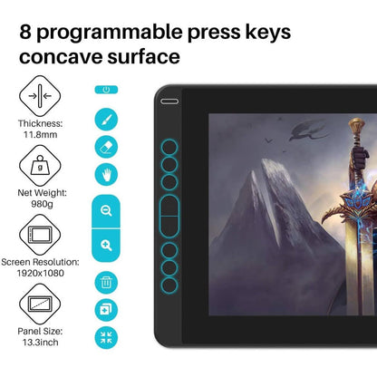 HUION Kamvas 13 13-Zoll Grafiktablet 293,76 x 165,24 mm USB schwarz mit druckempfindlichem Stift, 8 programmierbaren Tasten, großem Farbspektrum und kompakter Bauweise.