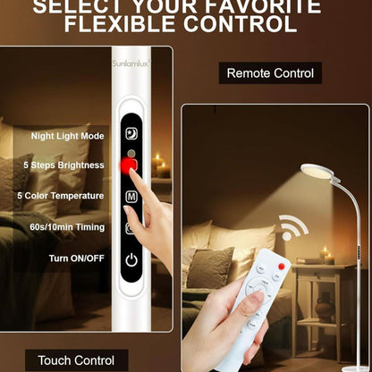 3-in-1 Tageslichtlampe, SAD Sonnenlicht Lampe, Stehlampe mit Fernbedienung, Touch Control, flexibler Schwanenhals, ideal für Lesen und Büro