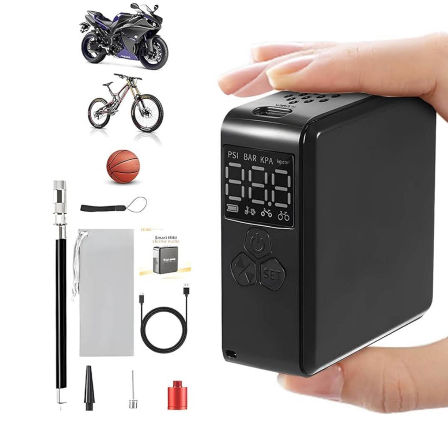MIOLOE Mini Fahrradpumpe, Elektrische Luftpumpe, 150PSI, LCD-Display, 2400mAh, tragbar, für Fahrrad, Auto, Basketball.