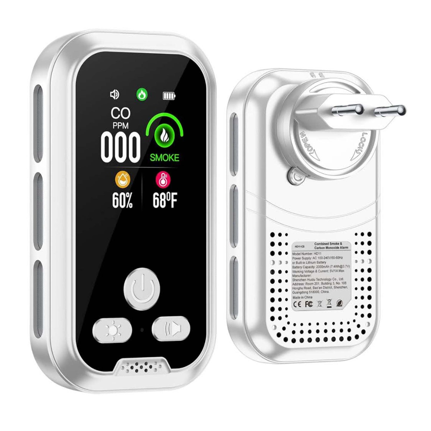 Gedsffati HD11-CS, Kombinierter Rauch- und CO-Melder, Steckermodell, zuverlässig, kompakt, ideal für Zuhause.