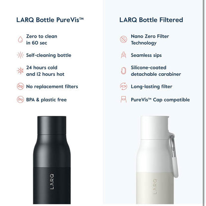 LARQ PureVis 740 ml, Edelstahl-Wasserflasche, selbstreinigend, isoliert, UV-Reiniger, preisgekrönt, obsidianschwarz, wiederverwendbar.