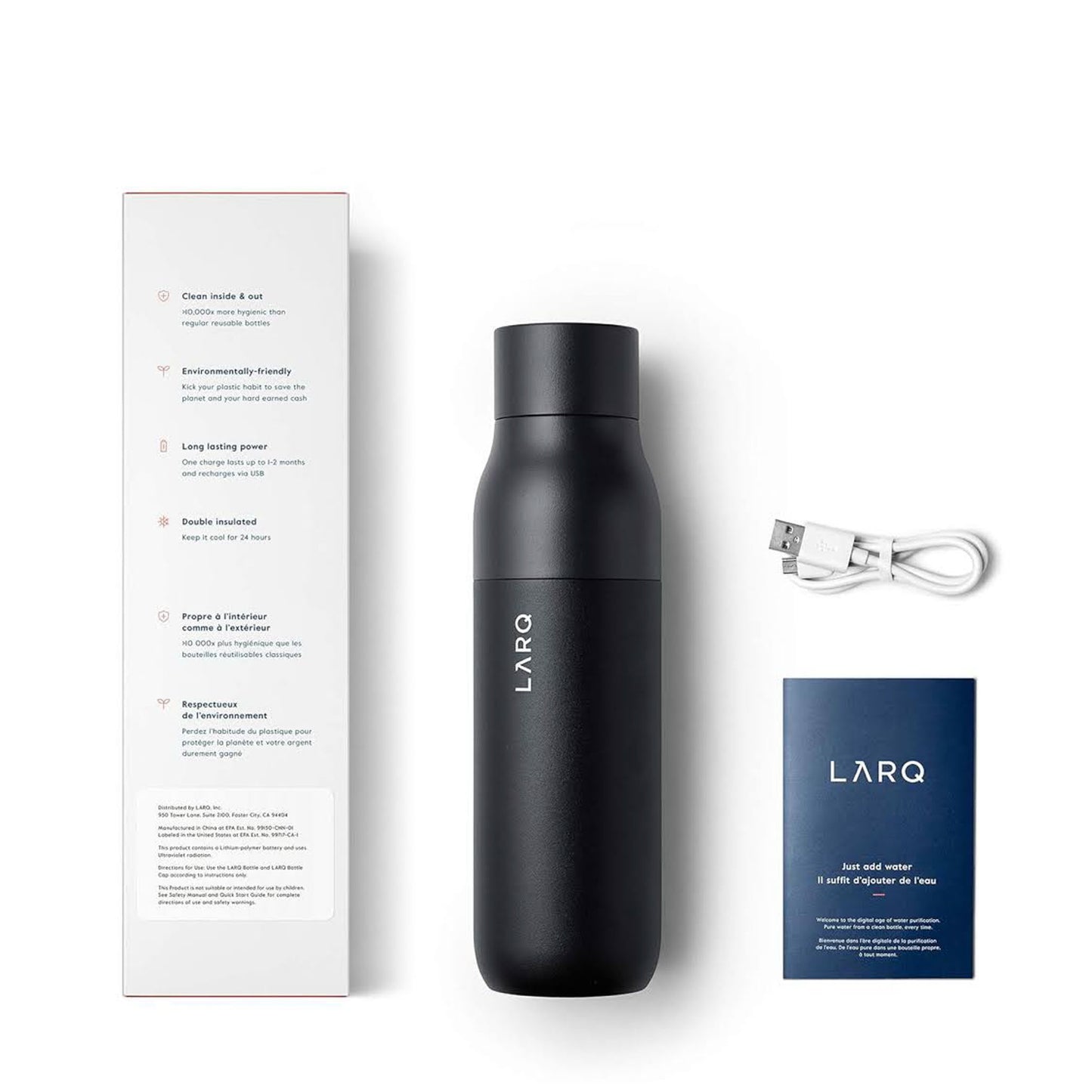 LARQ PureVis 740 ml, Edelstahl-Wasserflasche, selbstreinigend, isoliert, UV-Reiniger, preisgekrönt, obsidianschwarz, wiederverwendbar.