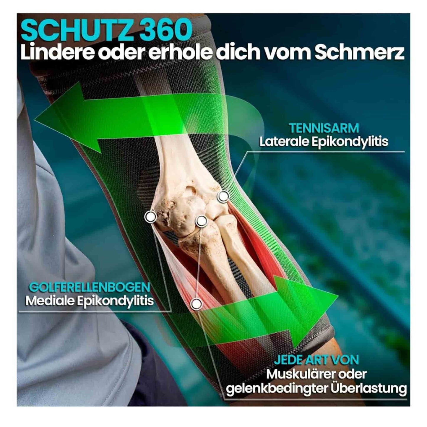 NativoDex Ellenbogenbandage, Kompressionsbandage, für Tennisarm, Golferarm, Sehnenentzündung, Arthrose, Sport - Grün, M