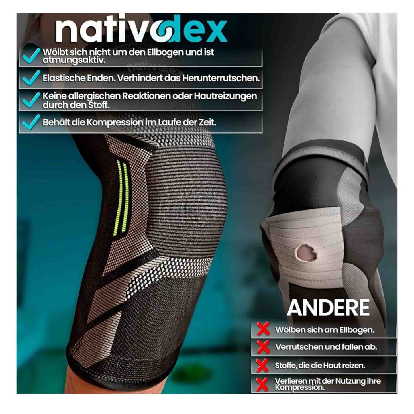NativoDex Ellenbogenbandage, Kompressionsbandage, für Tennisarm, Golferarm, Sehnenentzündung, Arthrose, Sport - Grün, M