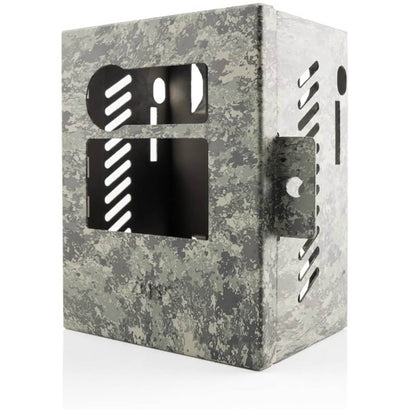 Zeiss Secacam 3, Metallgehäuse, Sicherheitskamera, robuster Stahlschutz, Tarnmuster, Stativ- und Kabelschlosskompatibel.