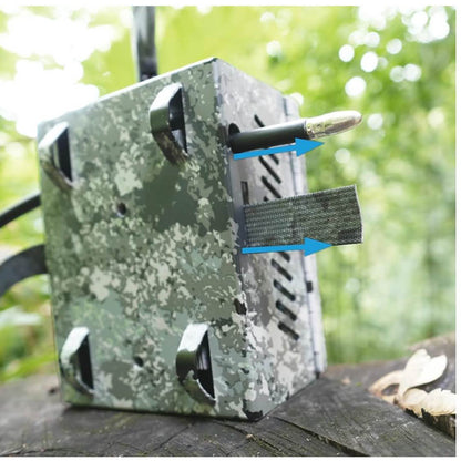 Zeiss Secacam 3, Metallgehäuse, Sicherheitskamera, robuster Stahlschutz, Tarnmuster, Stativ- und Kabelschlosskompatibel.