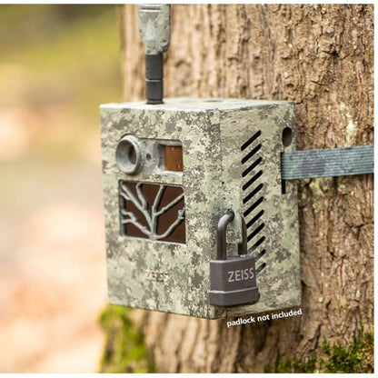 Zeiss Secacam 3, Metallgehäuse, Sicherheitskamera, robuster Stahlschutz, Tarnmuster, Stativ- und Kabelschlosskompatibel.