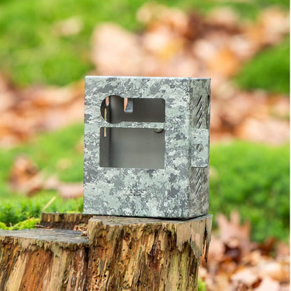 Zeiss Secacam 3, Metallgehäuse, Sicherheitskamera, robuster Stahlschutz, Tarnmuster, Stativ- und Kabelschlosskompatibel.