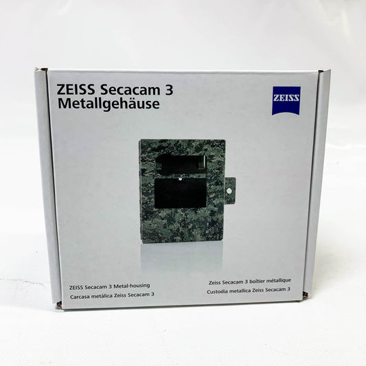 Zeiss Secacam 3, Metallgehäuse, Sicherheitskamera, robuster Stahlschutz, Tarnmuster, Stativ- und Kabelschlosskompatibel.