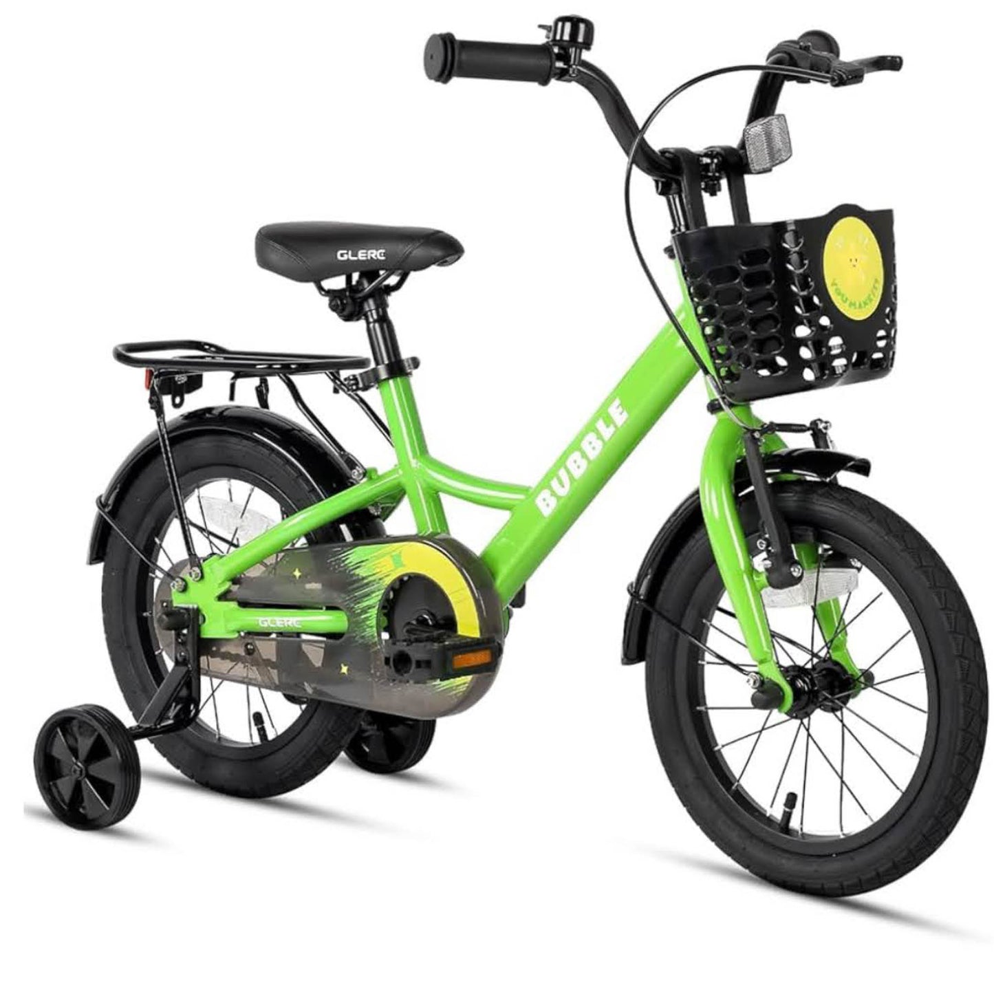 Glerc Bubble 16 Zoll Kinderfahrrad, für 5-8 Jahre, grün, mit Korbstabilisatoren und Gepäckträger, ideal für Jungen und Mädchen.