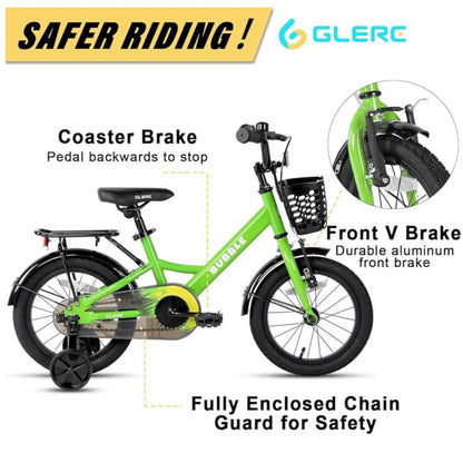 Glerc Bubble 16 Zoll Kinderfahrrad, für 5-8 Jahre, grün, mit Korbstabilisatoren und Gepäckträger, ideal für Jungen und Mädchen.
