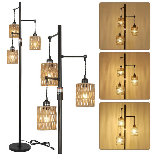 Rayofly Dimmbar Stehlampe, Vintage, 3-flammige Boho Rattan, dimmbar, für Wohnzimmer, Schlafzimmer, Höhe 165cm