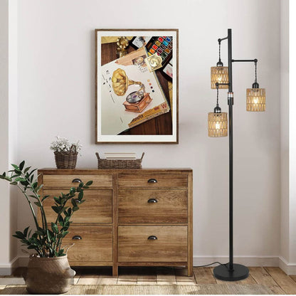 Rayofly Dimmbar Stehlampe, Vintage, 3-flammige Boho Rattan, dimmbar, für Wohnzimmer, Schlafzimmer, Höhe 165cm