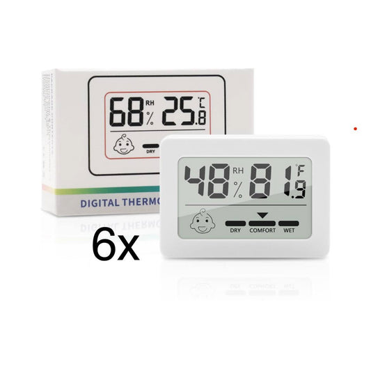 Mini Thermometer Hygrometer, 6 STK, LCD Digital, Raumtemperatur & Luftfeuchtigkeit, Weiß, kompakt und präzise.