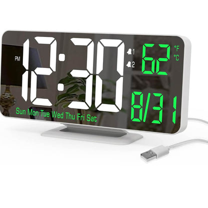 KOSUMOSU Wecker, Modell: KSM-17, Produkttyp: LED-Spiegeluhr, Merkmale: 17 cm, Doppelwecker, Anzeige für Sekunden, Datum, Woche, 12/24 Stunden, dimmbar, Temperaturanzeige – ideal für Schlafzimmer und Wohnzimmer.