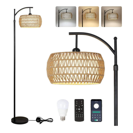 Rayofly Rattan Stehlampe, dimmbar, mit Fernbedienung, App-Steuerung, Boho Design, ideal für Wohnzimmer, Schlafzimmer, Büro.
