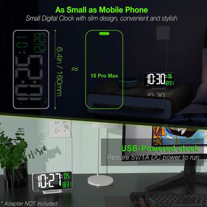 KOSUMOSU Wecker, Modell: KSM-17, Produkttyp: LED-Spiegeluhr, Merkmale: 17 cm, Doppelwecker, Anzeige für Sekunden, Datum, Woche, 12/24 Stunden, dimmbar, Temperaturanzeige – ideal für Schlafzimmer und Wohnzimmer.