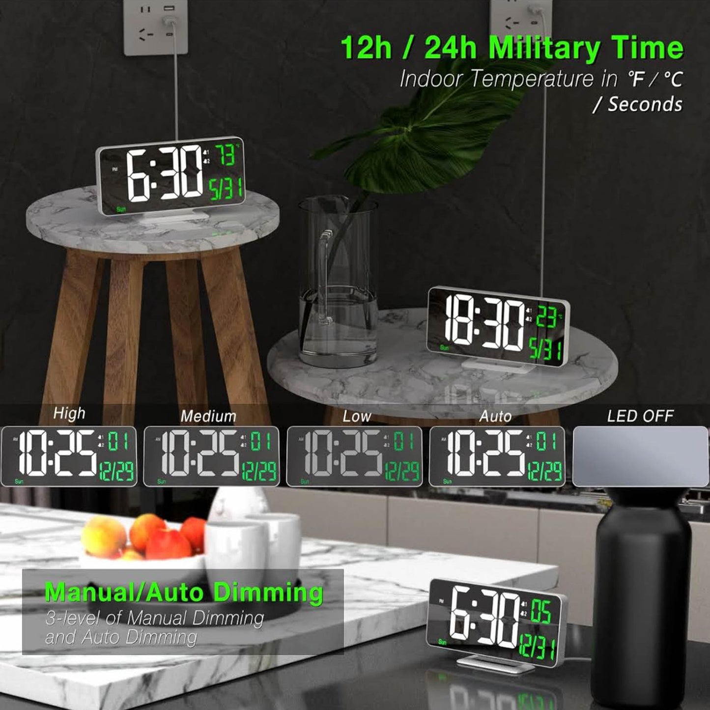 KOSUMOSU Wecker, Modell: KSM-17, Produkttyp: LED-Spiegeluhr, Merkmale: 17 cm, Doppelwecker, Anzeige für Sekunden, Datum, Woche, 12/24 Stunden, dimmbar, Temperaturanzeige – ideal für Schlafzimmer und Wohnzimmer.