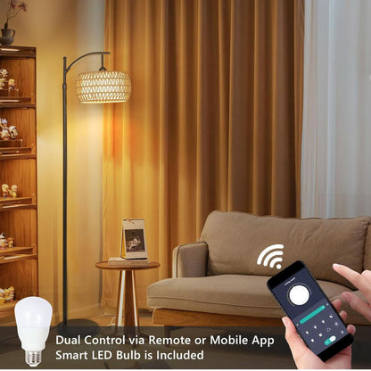 Rayofly Rattan Stehlampe, dimmbar, mit Fernbedienung, App-Steuerung, Boho Design, ideal für Wohnzimmer, Schlafzimmer, Büro.
