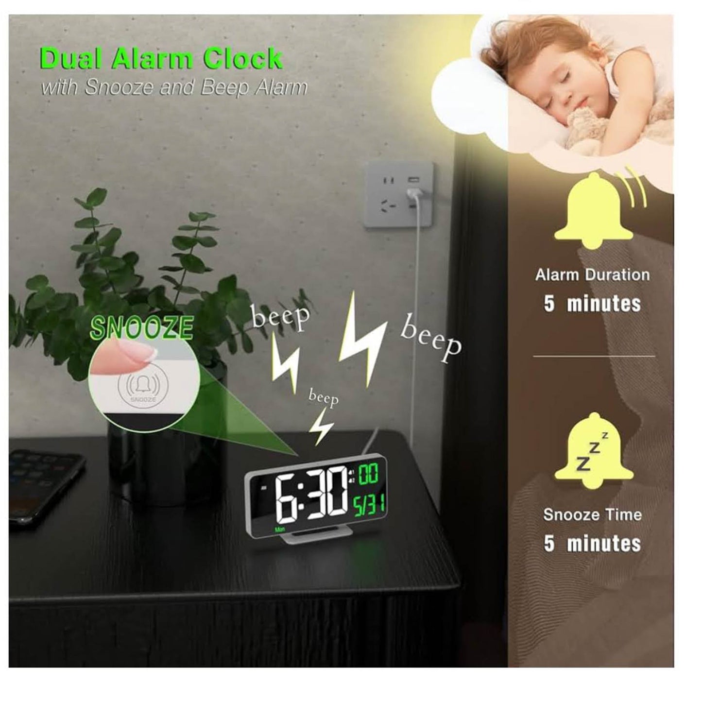 KOSUMOSU Wecker, Modell: KSM-17, Produkttyp: LED-Spiegeluhr, Merkmale: 17 cm, Doppelwecker, Anzeige für Sekunden, Datum, Woche, 12/24 Stunden, dimmbar, Temperaturanzeige – ideal für Schlafzimmer und Wohnzimmer.