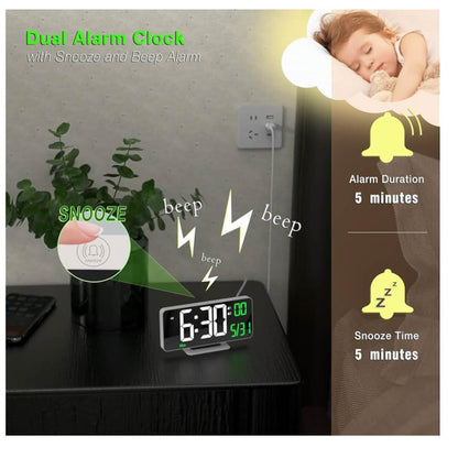KOSUMOSU Wecker, Modell: KSM-17, Produkttyp: LED-Spiegeluhr, Merkmale: 17 cm, Doppelwecker, Anzeige für Sekunden, Datum, Woche, 12/24 Stunden, dimmbar, Temperaturanzeige – ideal für Schlafzimmer und Wohnzimmer.