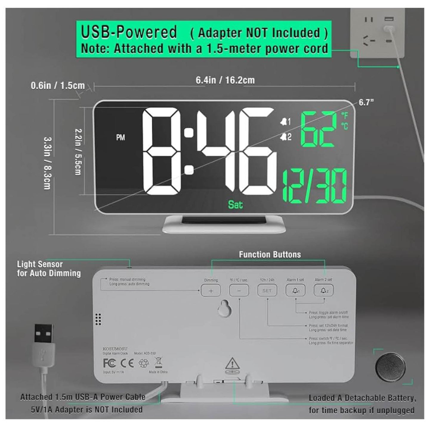 KOSUMOSU Wecker, Modell: KSM-17, Produkttyp: LED-Spiegeluhr, Merkmale: 17 cm, Doppelwecker, Anzeige für Sekunden, Datum, Woche, 12/24 Stunden, dimmbar, Temperaturanzeige – ideal für Schlafzimmer und Wohnzimmer.