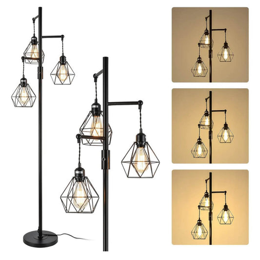 Rayofly Dimmbare Diamant Stehlampe, 162cm, Industrielle Schwarz, 3 Käfig Lampenschirme, Dimmer, Metall Vintage für Wohnzimmer, Schlafzimmer, Esszimmer.