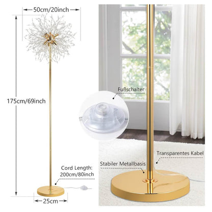 Rayofly, 8-Flammige Kristalle, Stehlampe, Gold Feuerwerk Design, 172CM hoch, Fußschalter, Glas Metall, ideal für Wohnzimmer und Schlafzimmer.