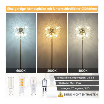 Rayofly, 8-Flammige Kristalle, Stehlampe, Gold Feuerwerk Design, 172CM hoch, Fußschalter, Glas Metall, ideal für Wohnzimmer und Schlafzimmer.