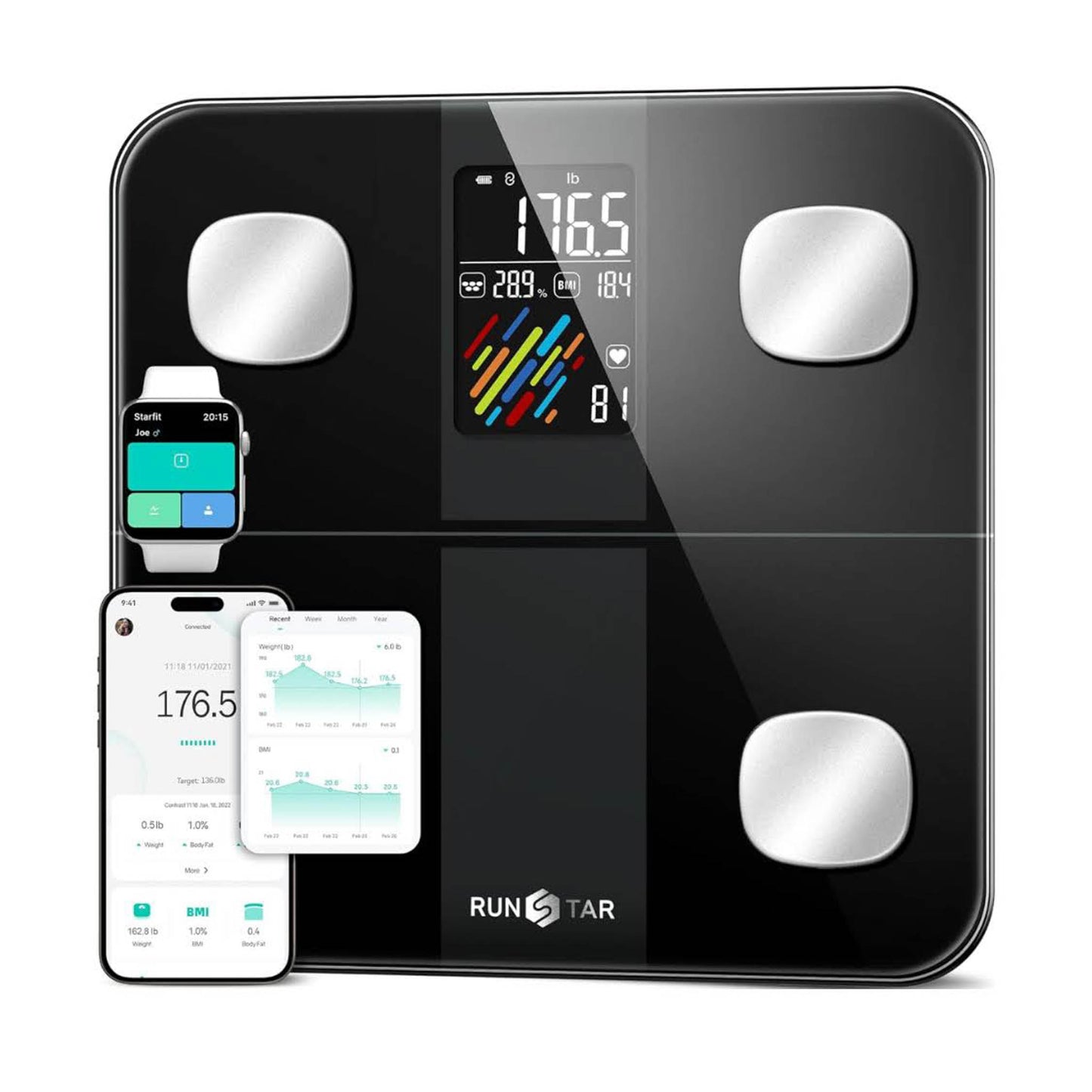 RunSTAR Körperfettwaage, Digitale Personenwaage, hohe Genauigkeit, großes Display, BMI, Herzfrequenz, 15 Körperwerte, App-Synchronisierung, bis 180kg.