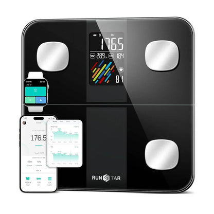 RunSTAR Körperfettwaage, Digitale Personenwaage, hohe Genauigkeit, großes Display, BMI, Herzfrequenz, 15 Körperwerte, App-Synchronisierung, bis 180kg.
