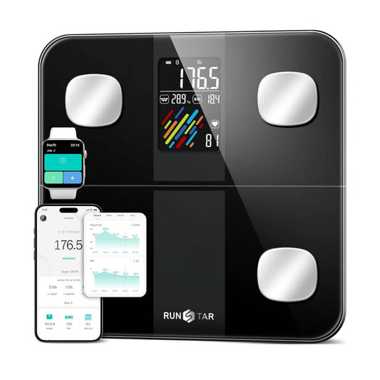 RunSTAR Körperfettwaage, Digitale Personenwaage, hohe Genauigkeit, großes Display, BMI, Herzfrequenz, 15 Körperwerte, App-Synchronisierung, bis 180kg.