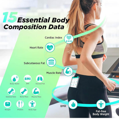 RunSTAR Körperfettwaage, Digitale Personenwaage, hohe Genauigkeit, großes Display, BMI, Herzfrequenz, 15 Körperwerte, App-Synchronisierung, bis 180kg.