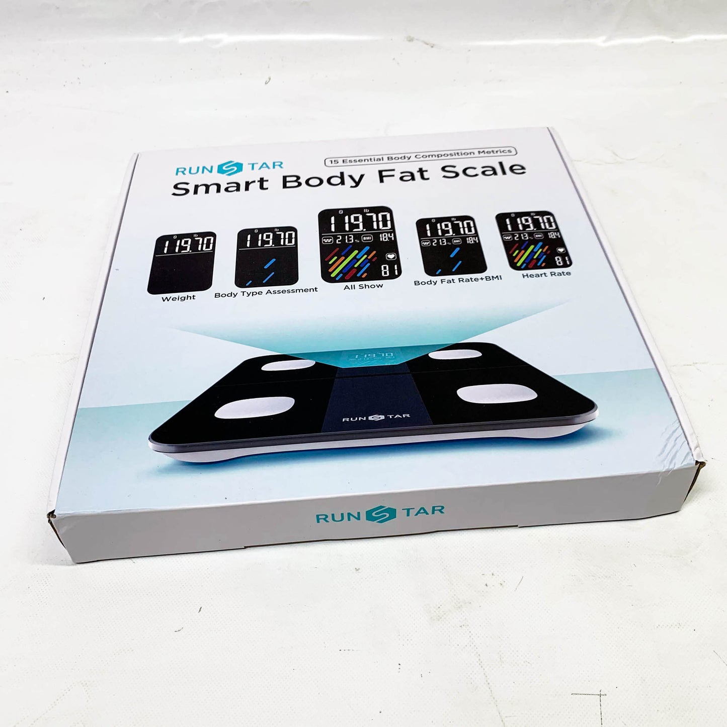 RunSTAR Körperfettwaage, Digitale Personenwaage, hohe Genauigkeit, großes Display, BMI, Herzfrequenz, 15 Körperwerte, App-Synchronisierung, bis 180kg.