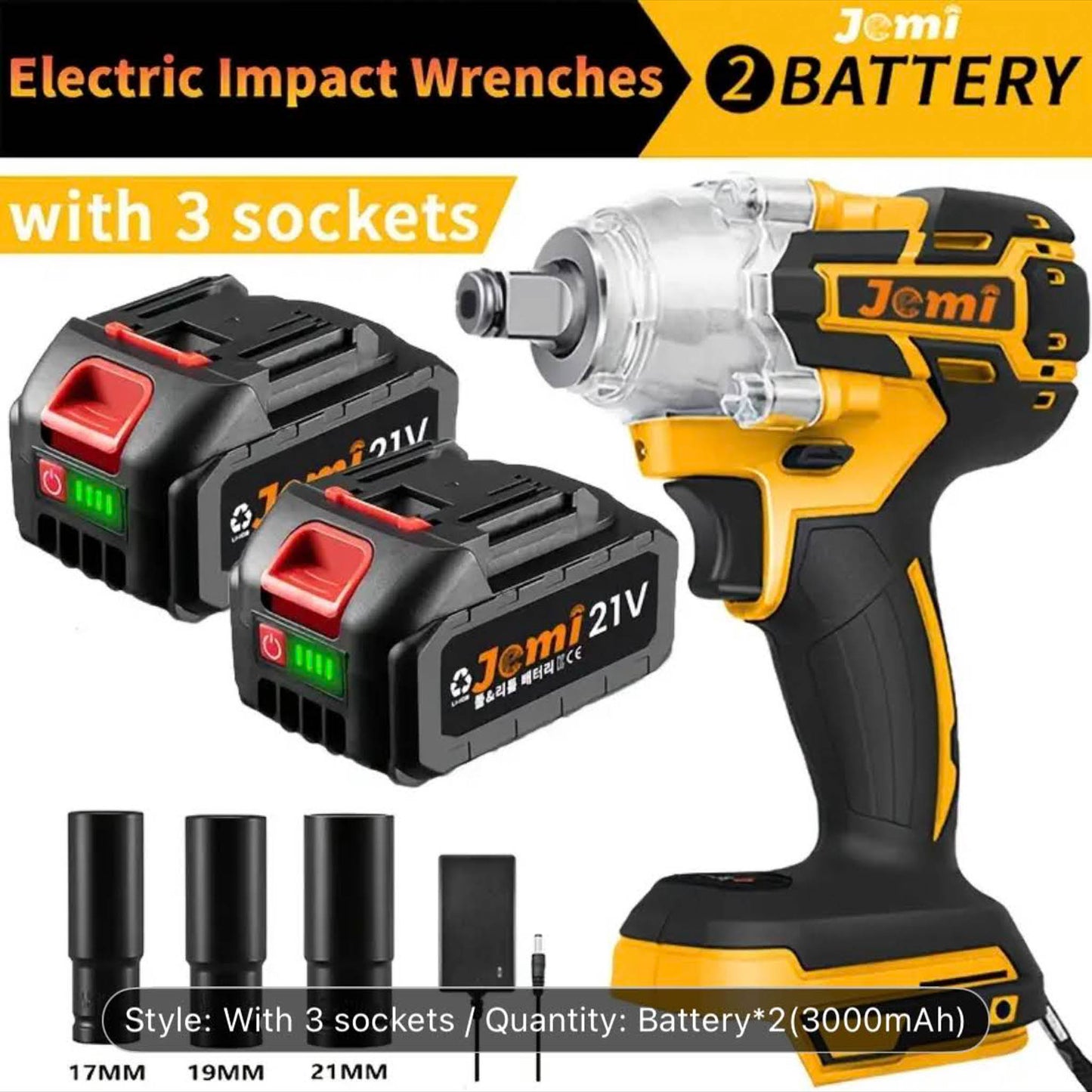 Jemi Tool 3-in-1 Akku-Schlagschrauber, 21V, 3,0AH, 3 Aufsätze, max. 4000 U/min, variable Drehzahl, inkl. 2 Akkus.
