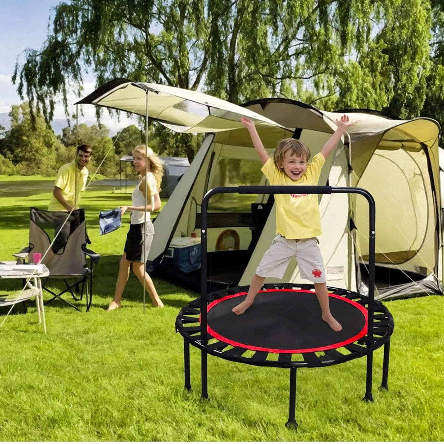 SESAMIS Faltbares Fitness-Trampolin, Tragfähigkeit 200 kg, rutschfest, geräuscharm, verstellbare Handlaufhöhe, ideal für Indoor und Outdoor