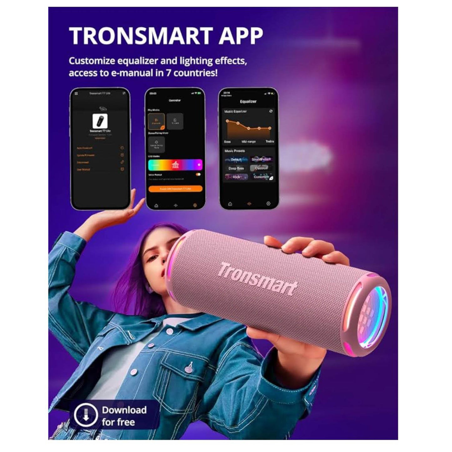 Tronsmart T7Lite, Bluetooth Lautsprecher, Dual Treiber, IPX7 wasserdicht, 24h Spielzeit, Stereo-Sound, starkem Bass, Schwarz/Rosa.