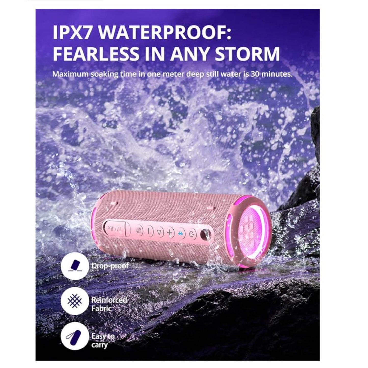 Tronsmart T7Lite, Bluetooth Lautsprecher, Dual Treiber, IPX7 wasserdicht, 24h Spielzeit, Stereo-Sound, starkem Bass, Schwarz/Rosa.