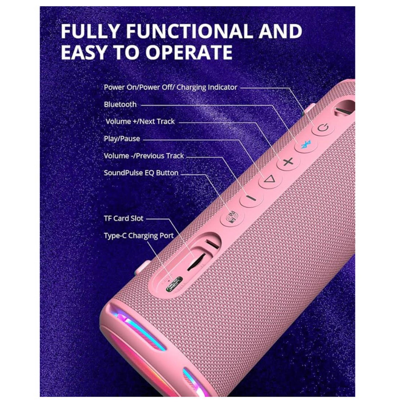 Tronsmart T7Lite, Bluetooth Lautsprecher, Dual Treiber, IPX7 wasserdicht, 24h Spielzeit, Stereo-Sound, starkem Bass, Schwarz/Rosa.