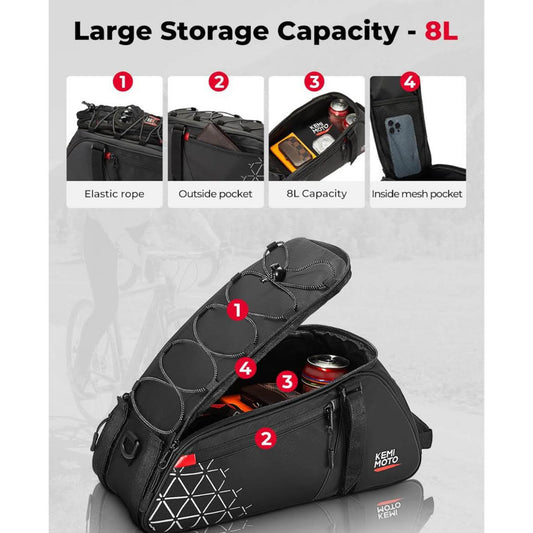 KEMIMOTO 2 IN 1 Gepäckträgertasche, 8L, Fahrradtasche, wasserdicht, mehrere Fächer, Tragegriff, Schultergurt