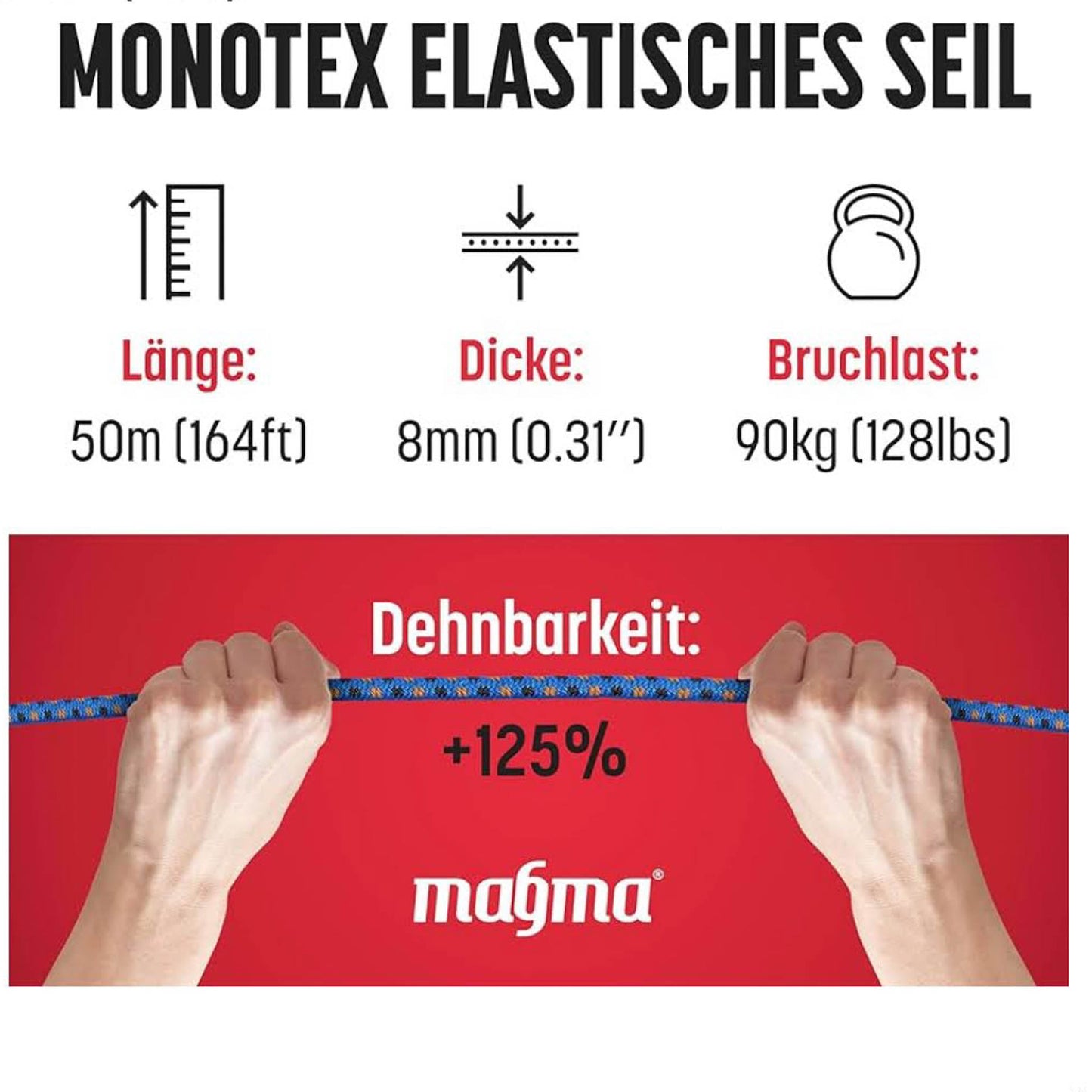 MAGMA Bungee-Seil 8mm, 50m, elastisches Gummiseil für Schwimmbadabdeckungen, Angeln, Segeln, Camping, blau.