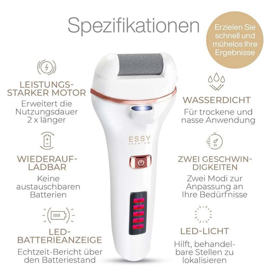 Essy Hornhautentferner, Modellnr. nicht verfügbar, Elektrisch, 5 Ersatzrollen, ideal für Pediküre und Fußpflege.