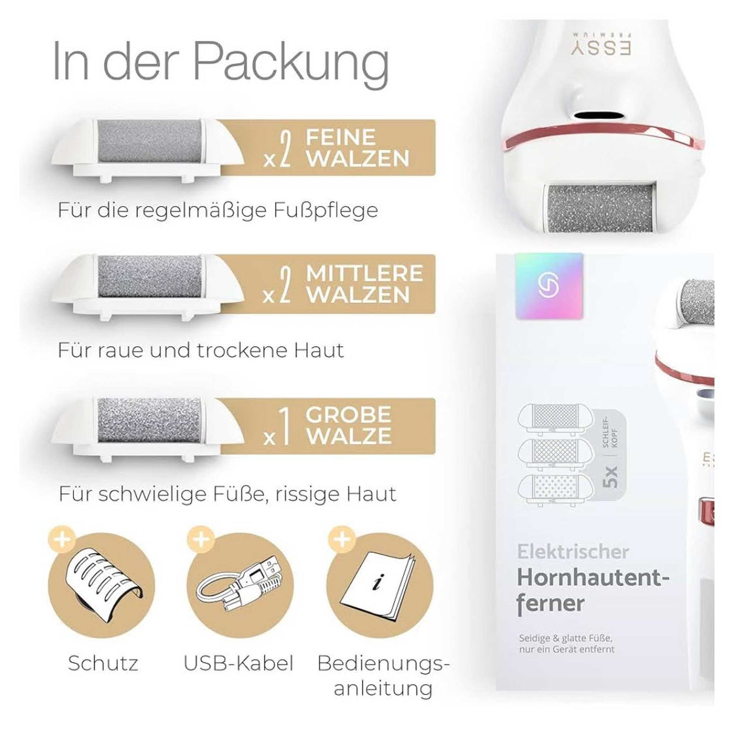 Essy Hornhautentferner, Modellnr. nicht verfügbar, Elektrisch, 5 Ersatzrollen, ideal für Pediküre und Fußpflege.