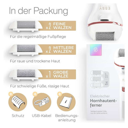 Essy Hornhautentferner, Modellnr. nicht verfügbar, Elektrisch, 5 Ersatzrollen, ideal für Pediküre und Fußpflege.